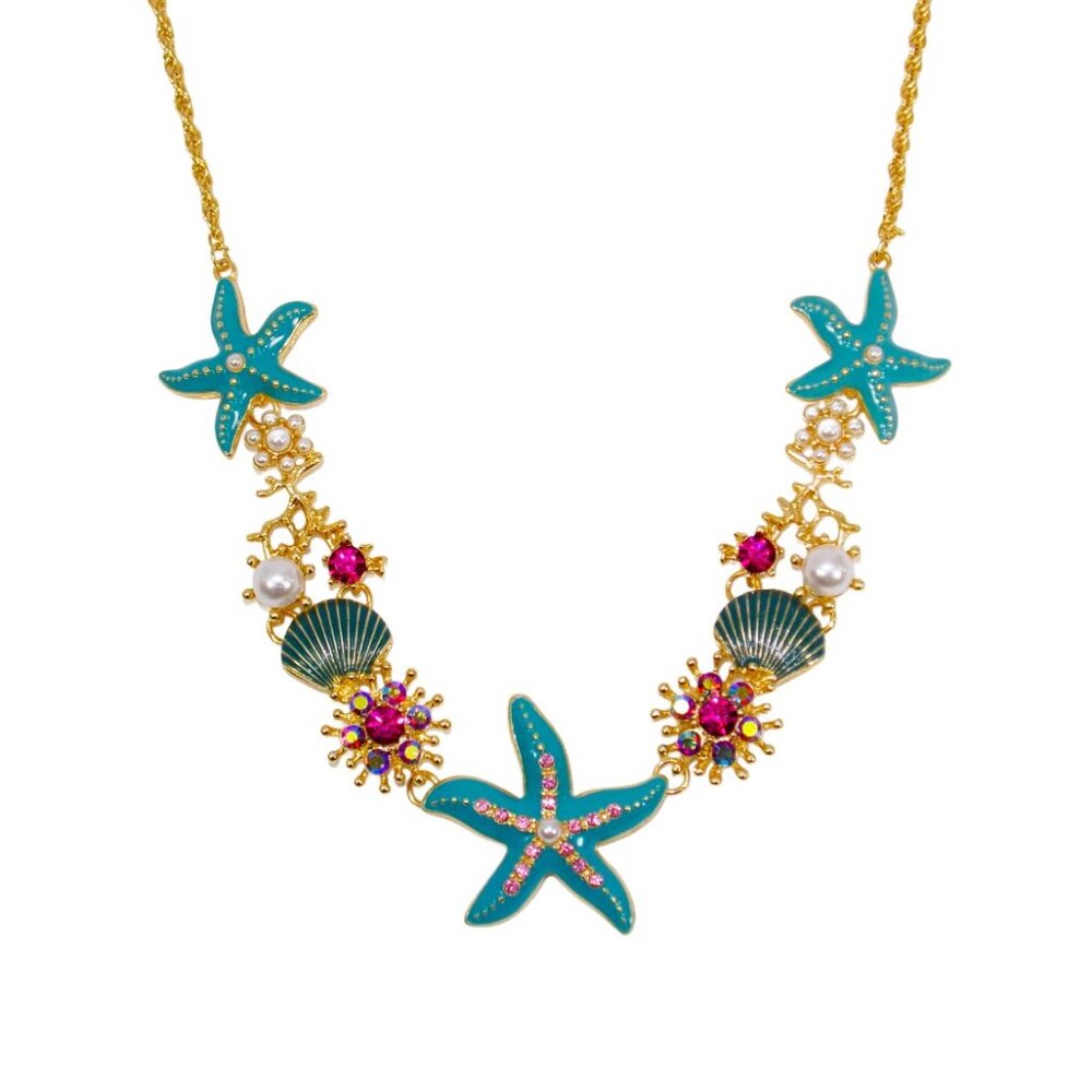 Ocean theme charm necklace with starfish, shell charms, with crystals and pearls